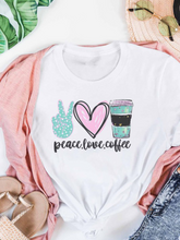 Load image into Gallery viewer, Peace Love Coffee White Graphic Tee